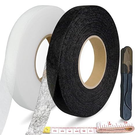 140 Yards Stitch Witchery, 2 Rolls 0.59 inch Hemming Tape for Pants, Fusible Hem Tape with Scissors, Tape Measure for Curtains, Dresses