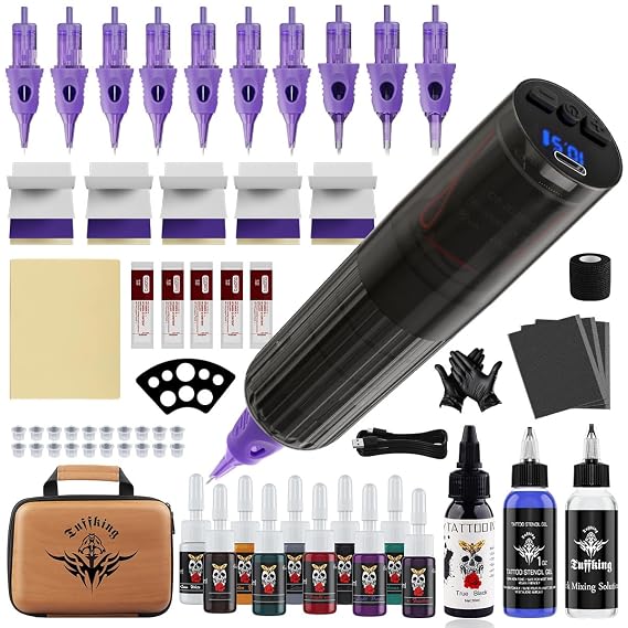 Wireless Tattoo Gun Machine Kit - Complete Tattoo Kit for Beginners Power Supply 11 Tattoo Inks 10Pcs Cartridges Needles for Lining Shading Practice sheets Storage box (Transparent)