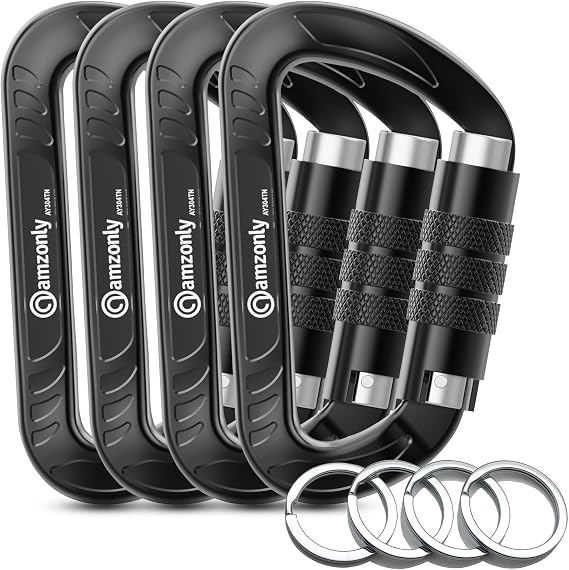 Amzonly Auto Locking Carabiner Clips Heavy Duty, 12KN /2697lbs Lightweight (1.0oz), Sturdy Twist Lock Caribeeners for Camping Hiking Hammock Swing Backpack, Dog Leash and Harness etc, Black, 4 Pack