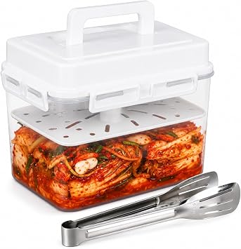 Kimchi Fermentation Container, Automatic Press Plate Sauerkraut Jar, Airtight Plastic Food Storage Container with Hidden Handle, Kimchi Making Kit, Clear Pickle Box for Home Kitchen, 5L/1.32gal