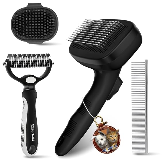 4-in-1 Dog Brush Kit: Self-Clean Shedding & Grooming Rake, Black | All-in-one 4 PCS dog grooming kit: push-button retractable pin brush, scratch-free undercoat rake & professional steel combs