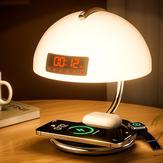 2026 Bedside Sunrise & Sunset Lamp,Switchable 12 and 24 Hour Clock Touch Lamp,Wireless Charging Station for Smart Alarm Clock for Office and Home Decor, Living Room, Desk, Family/Friends Gift