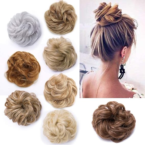 Silk-co Scrunchy Scrunchie Curly Hairpieces Messy Hair Bun Chignons Wavy Donut Updo Synthetic Hair Extensions 35g Light Brown
