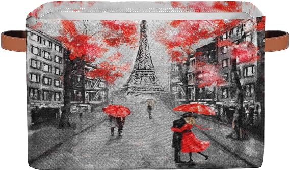 Pardick Eiffel Tower Storage Basket Bins Paris France Flower Toys Books Clothes Canvas Storage Box Cubes Rectangular Collapsible with Handles for Bedroom Nursery Home Office Decor Organizer Basket