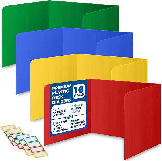 16-Pack Desk Dividers for Students - Durable & Waterproof Plastic Study Carrel Divider, Classroom Folders Teacher Supplies, Easy-to-Clean Plastic Privacy Shield Boards for Student Desks