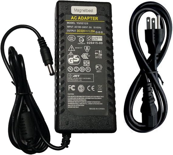 52V 1.25A AC DC Adapter Charger for POE Switch 8/9 Port Power Supply with AC Cable Cord