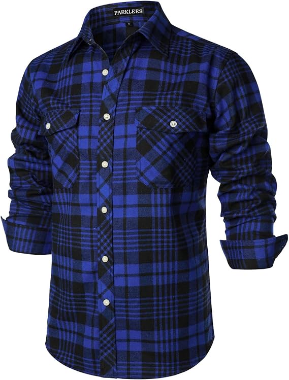 PARKLEES Men's Casual Flannel Checked Plaid Shirt