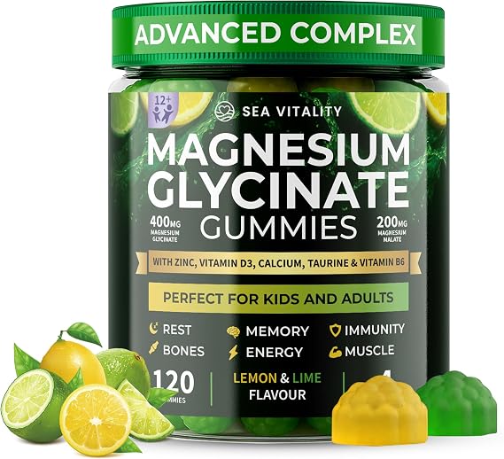 Magnesium Glycinate Gummies for Kids & Adults - High Strength Magnesium Glycinate 400mg with Malate, Zinc, D3, B6 & Taurine – Lemon & Lime Flavours – Sleep, Focus & Relaxation – 120 Chews