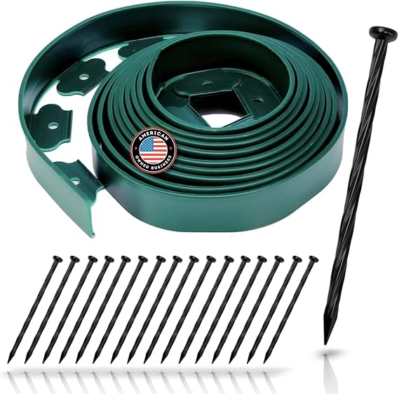 Instant Edging - Green 20ft Premium No Dig Yard Edging Kit for Landscaping and Flower Gardens (2" High) - Includes 18 Stakes