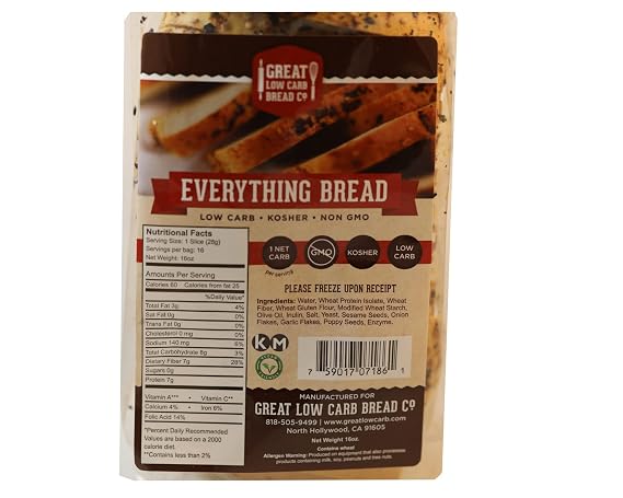 Great Low Carb Everything Bread 16 oz loaf | Keto friendly | Kosher| Served Fresh |Non GMO |Low carb diet