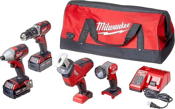 Milwaukee 2695-24 M18 18V Cordless Power Tool Combo Kit with Hammer Drill, Impact Driver, Reciprocating Saw, and Work Light (2 Batteries, Charger, and Tool Case Included)