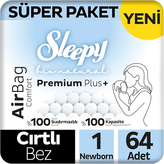 Sleepy Bio Natural Premium Plus Airbag Comfort Süper Paket Bebek Bezi 1 Numara Newborn 64 Adet