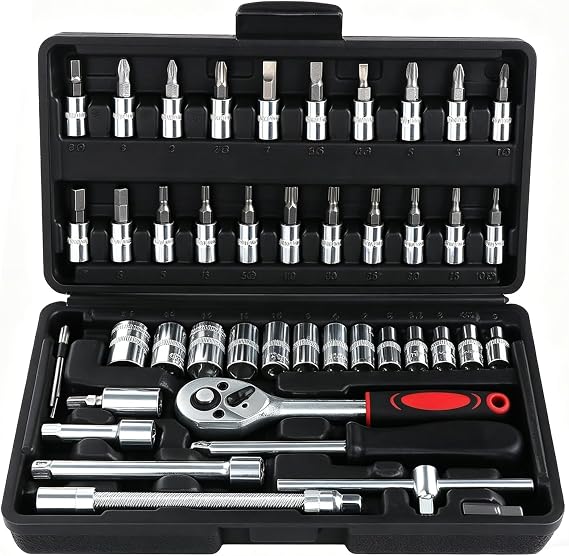 46PCS Socket Wrench Set, Ratchet Socket Set, Metric Drive Socket Wrench Ratchet Tools Kit, Screwdriver Bits Auto Vehicle Repair Tool 1/4 Inch (Black)