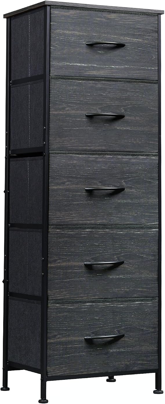 WLIVE 5 Drawer Dresser for Bedroom, Tall Chest of Drawers, Black Wood Grain