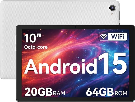 Hakaug Tablet 10 Inch Android 15 Tablets PC Octa-Core 20 GB RAM 64 GB ROM 1 TB TF Extension 1280x800 IPS Touchscreen WiFi 6 Widevine L1 Dual Camera 5000 mAh (White)