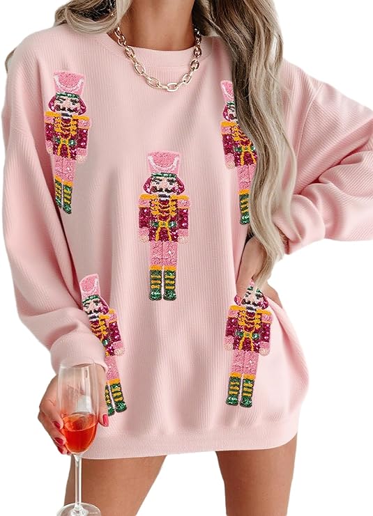 Christmas Sweatshirt Women Sequin Nutcracker Glitter Patch Pullover Long Sleeve Merry Xmas Shirt Tops