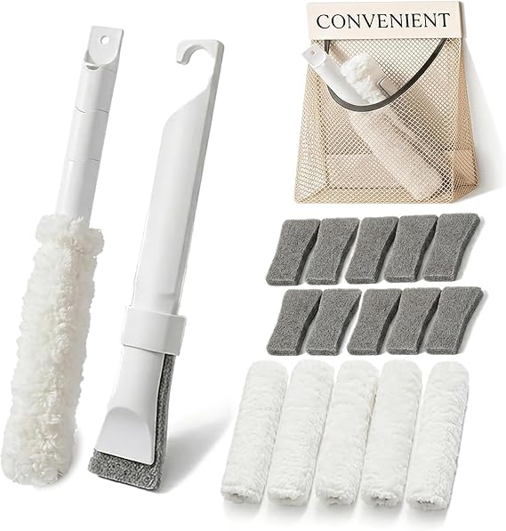 Home Detail Cleaning Kit, Crevice Cleaning Brush, 5-in-1 Detail Duster, Replacement Pads, Microfiber Sleeves and Storage Bag for Window Tracks, Air Vents, Kitchen and Bathroom