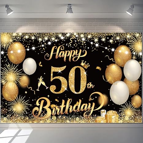 Yontree Happy 50th Birthday Banner - Gold 1.1 x 1.8m, 50th Birthday Decorations for Women, Men, Anniversary Party Supplies (Black Gold)