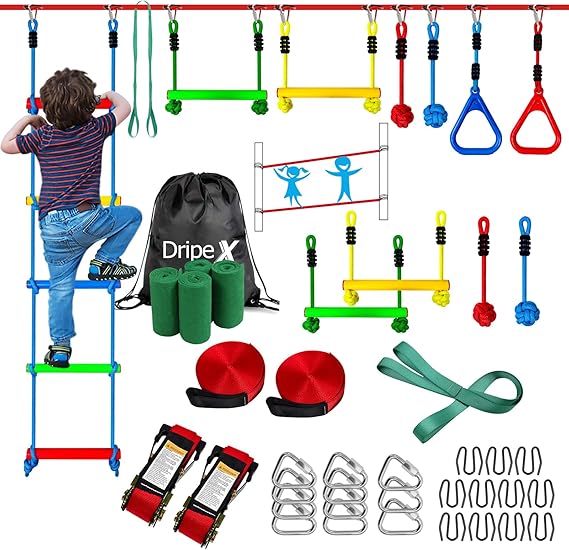 Dripex Ninja Warrior Obstacle Course for Kids, 250ft Slack Lines for Backyard with 8 Ninja Accessories - Monkey Bar, Rope Ladder, Gymnastic Ring, Arm Trainer and Monkey Fist