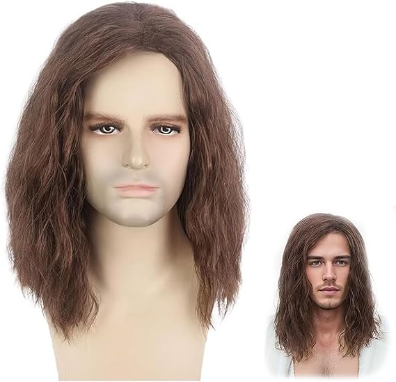 Bettinay Mullet Wigs for Men, Brown Mid Length Curly Fancy Dress Wigs Men for 70s 80s