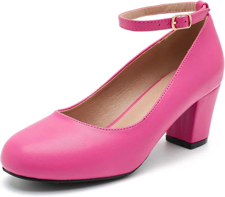 Women's Ankle Strap Pumps, Block Heel, Removable Bow, Closed Round Toe