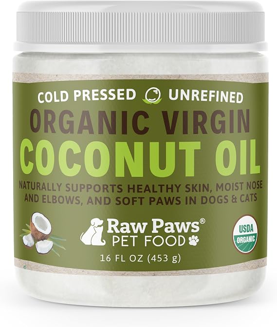 Raw Paws Virgin Organic Coconut Oil for Dogs & Cats (16-oz) - Skin & Coat | Dry Nose & Paw Balm - Itchy Skin Support - Hot Spot Care - Cat Hairball Support - Edible Pet Supplement