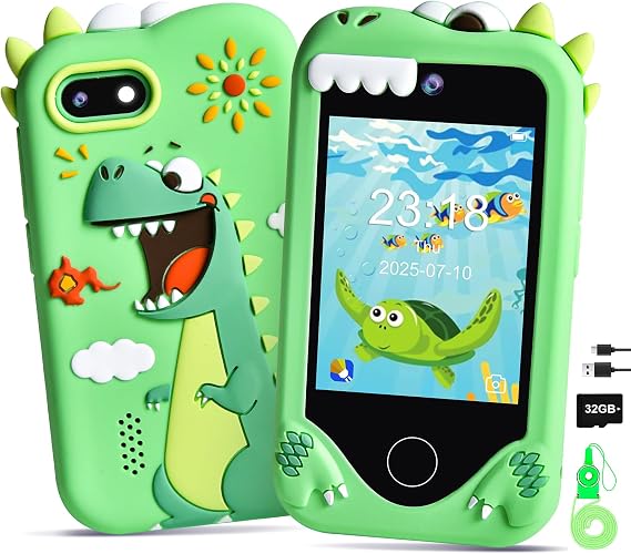 Kids Smart Phone for Boys, 2.8 Touchscreen Dinosaur Toy Phones Christmas Birthday Gift for Boy Ages 3-9, Toddler Play Learning Cell Phone with Dual Camera, Game, MP3 Player, 32GB Card, Green
