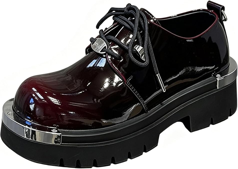 Men's Patent Leather Gradient Metal-Plate Platform Oxfords Wide Round Toe Non Slip Lug Sole Heighten Derby Shoes Lace Up Lug Sole Business Dress Shoes