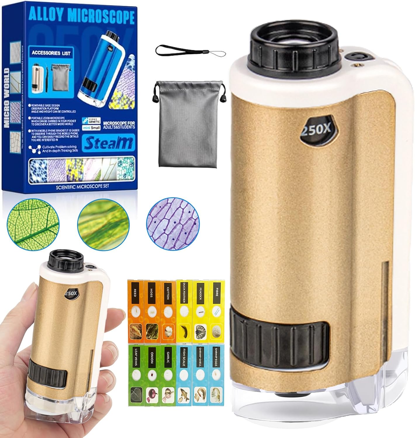 Pocket Microscope for Kids, SETFLAGS Kids Microscope with 12 Slides, 100-250x Portable Handheld Alloy Mini Miniscope, Little Scientist Science Kit,STEM & Science Toys,Gifts for Ages 6
