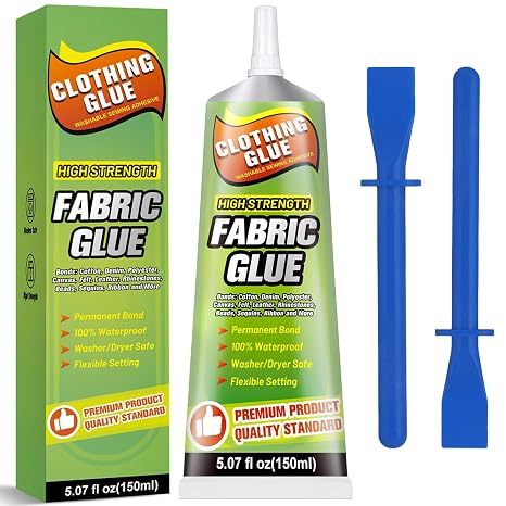 Thrilez Fabric Glue Adhesive, 150ml Permanent Fabric Adhesive Clear Waterproof Clothing Sewing Glue for Rhinestones, Cotton, Patch, Felt, Leather, Polyester and Doll Making Supplies 5oz