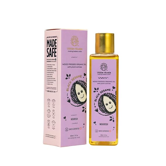 Little Rituals BLACK SESAME - BABY MASSAGE OIL Certified Organic, Wood Cold-Pressed for Skin and Hair with SWISS Plant Actives - 200 ml. Dermatologist Tested by Pediatrics, Mild & Gentle & Safe