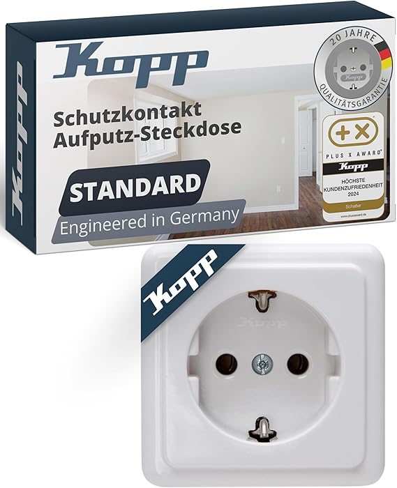 Kopp STANDARD 1fach Schutzkontakt-Steckdose in Arktis-Weiß - Hochwertige Aufputz-Steckdose für Keller Werkstatt & Garage - Sicherer IP20 Steckdose-Aufputz - Feuchtraum-Wandsteckdose 16A / 250V~