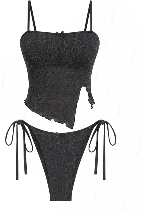 Lace Asymmetrical Slit Bowknot Decor Tie Side Tankini Set