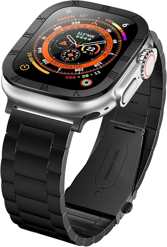 ACESTAR Compatible with Apple Watch Ultra Bands 49mm with Titanium Alloy Frame 9H Tempered Glass Case,Metal Bracelet with Waterproof Case for iWatch Ultra 49mm