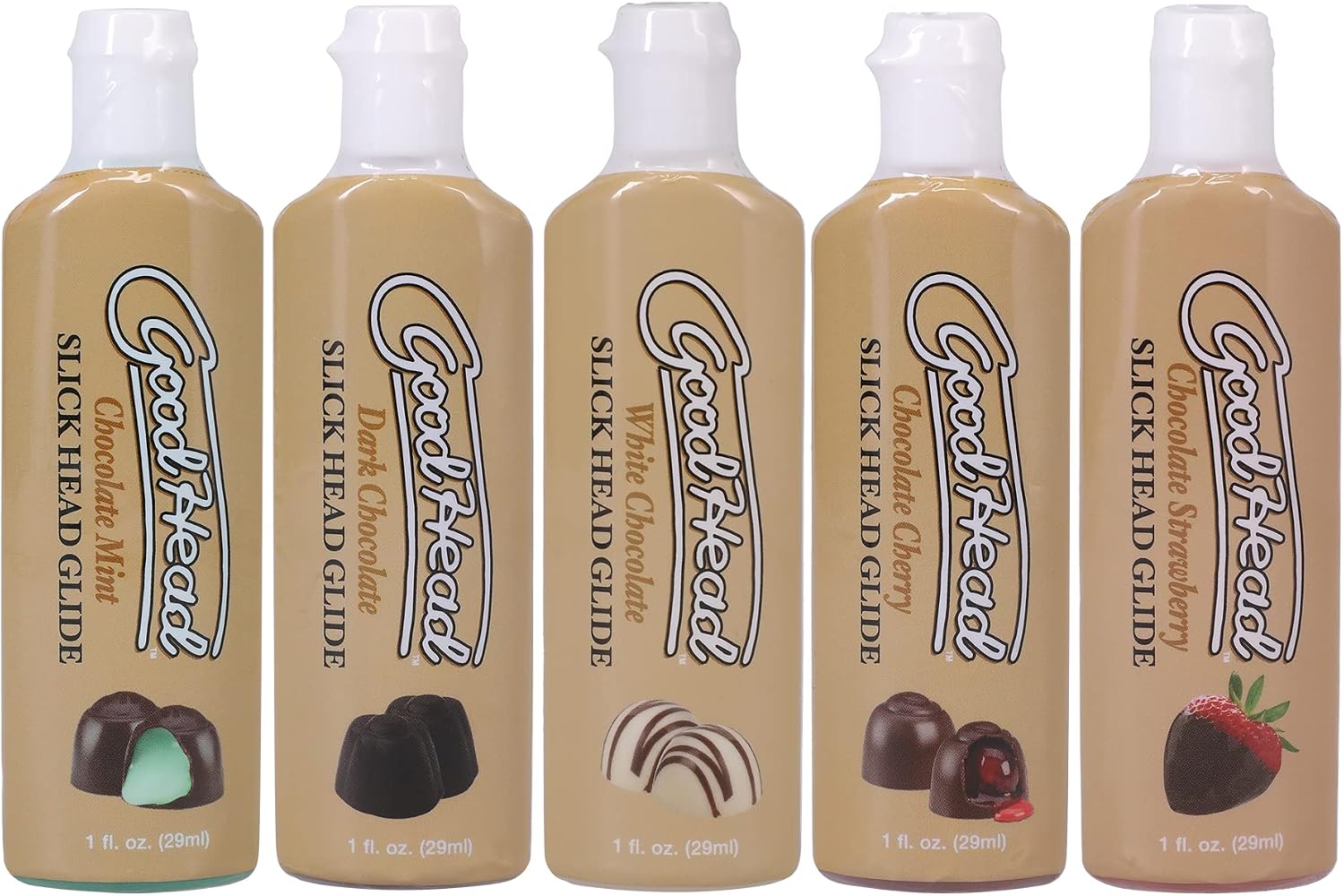 Doc Johnson GoodHead - Slick Head Glide - Chocolates - Chocolate Mint, Dark Chocolate, White Chocolate, Chocolate Cherry, Chocolate Strawberry - 5 x 1 fl. oz. 5 X 29ml