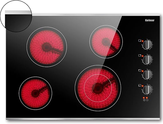 Karinear 30 Inch Electric Cooktop 4 Burners, Knob Control Ceramic Cooktop | Built-in 30" Radiant Electric Stove Top with Glass Protection Metal Frame, Fits Most Existing Cutouts, 220-240v Hard Wire