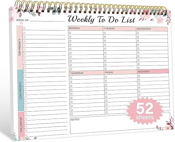 Weekly To Do List Notepad with Habit Tracker, 8.5" x 11" | 52-Weeks, No-Bleed Paper, Smooth Writing, Vivid Color Pages, Waterproof Cover, Cardboard Backboard, Spiral Binding