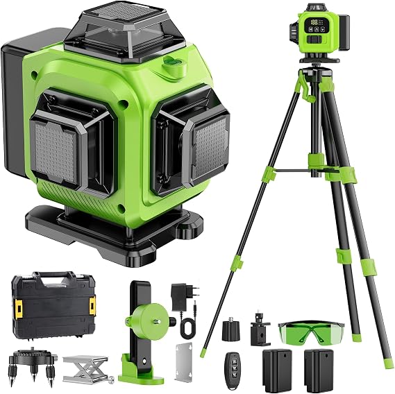 16 Line Laser Level 360 Self Leveling with tripod, 4x360Professional 4D Green Cross Line laser Level with 2 Batteries & Remote Control, for Tiling Floor Construction and Picture Hanging