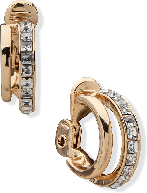 ANNE KLEIN レディース ゴールドトーン EZ Comfort クリップフープイヤリング クリスタルアクセント付き, One Size, 金属, 宝石なし