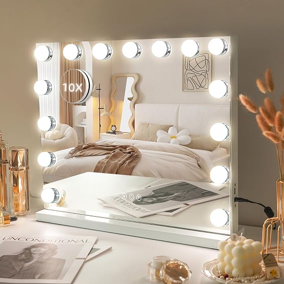 Vanity Mirror with Lights, Lighted Makeup Mirror with 15 Dimmable LED Bulbs, Hollywood Mirrors with USB Port, Detachable 10X Magnification, 3 Lighting Modes (22.8" L x 18.1" W)