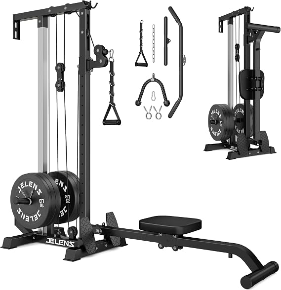 JELENS RC01 2 in 1 Rowing Cable Machine, WallMounted LAT Pulldown Machine, 16 Adjustable Positions, Home Gym Pulley System with Training Attachments