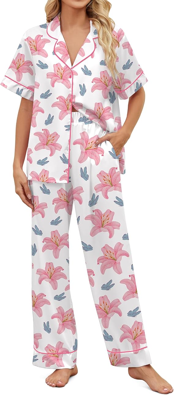 SHESHOW Satin Pajamas for Women Set Button Down Sleepwear Print Pjs Set 2 Piece Short Sleeve Long Loungewear Size XS-XXL
