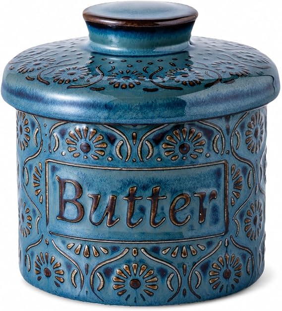 Ceramic Butter Crock, Butter Crocks Water Seal, French Butter Keeper, Butter Crock for Counter with Water (Vintage Blue)