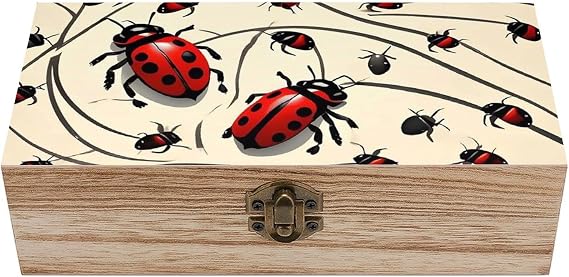 Decorative Wooden Box with Hinged Lid And Front Clasp Art Ladybug Printed Wooden Storage Bins Vintage Jewelry Box Office Desk Organizer Keepsake Box Gift Box