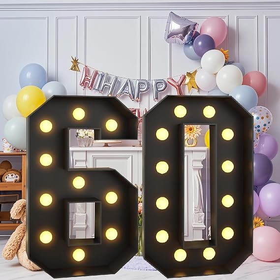 ​​4FT Black Marquee Light Up Letters: Large Stand Up Alphabet Marquee Party Decor for Anniversary, Bachelor, Birthday, Baby Shower, Wedding(Number 60,2.3ft)