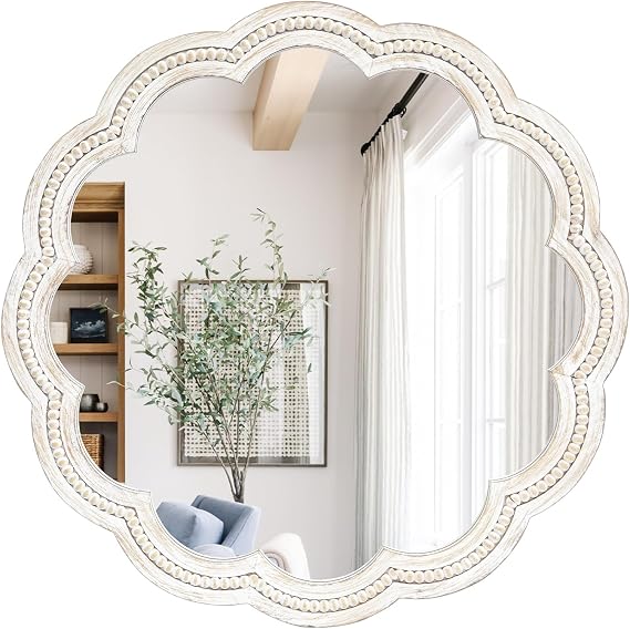 24 Inch Round Wall Mirror, Whitewashed Wooden Frame with Scalloped Edge & Beaded Trim, Decorative Farmhouse Boho Mirror for Bedroom, Bathroom, Living Room, Entryway
