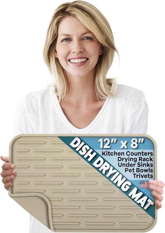 Large Silicone Dish Drying Mat for Kitchen Counter or Under Sink, 16" x 12" Large, Waterproof Pet Feeding Mat, Water Bowls, Under Drying Racks for Dishes, Coffee Bars, Bar Mats (Beige)...