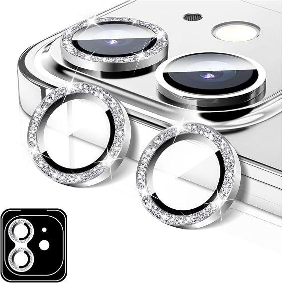 LucBuy Camera Lens Protector Compatible for iPhone 12/12 Mini, Glitter 9H Tempered Glass Camera Cover Film Stickers, Automatic-Alignment Individual Metal Rings Shiny Phone Accessories