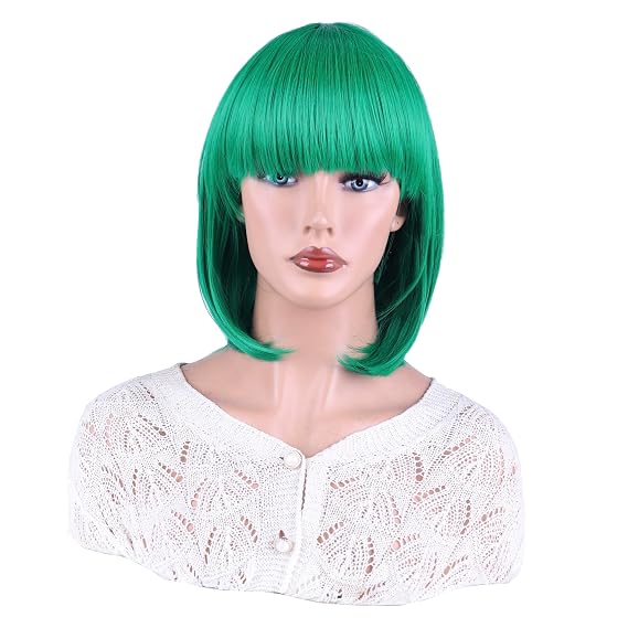 SOUTHSKY Fashion Green Bob Wig Short Straight with Fringe Flat Bangs Heat Resistant Fiber Synthetic Wig with for Women Lady Party Halloween Costumes Cosplay 30cm/ 12"