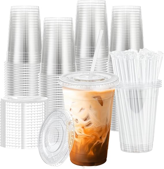 BYSNOW 20 oz 100 Pack Clear Plastic Cups with Lids and Straws, Disposable Iced Coffee Cups for Cold Drinks, Smoothies and To-Go Drinks